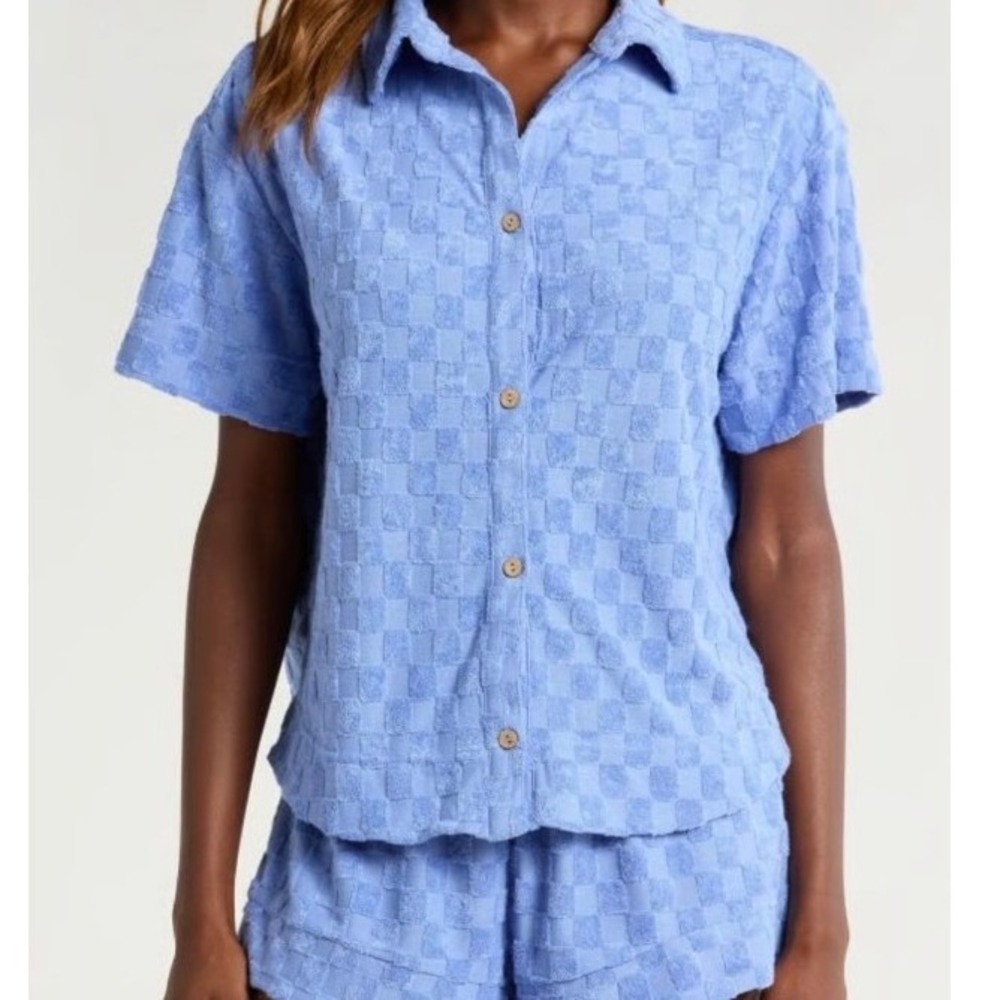 Honeydew Intimates 2-Piece Lounge Set Women Large Blue Terry Checkerboard Shorts